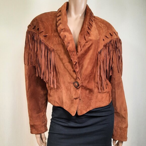 Vintage 90s Fringed Suede Jacket Size M Tan Brown Western Boho Short Cropped - Picture 1 of 13